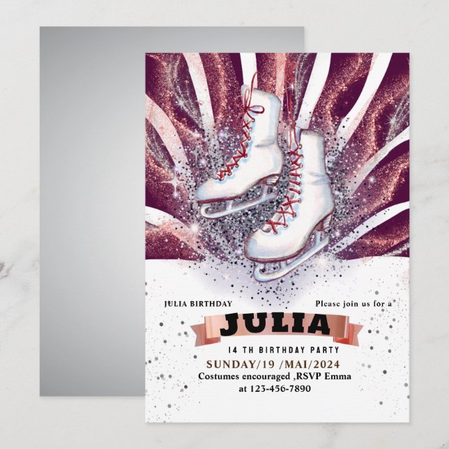ice skates skating silver shiny purple violet invitation (Front/Back)