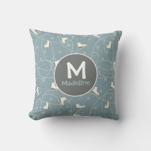 Ice Skates & Snowflakes Blue Monogram Throw Pillow