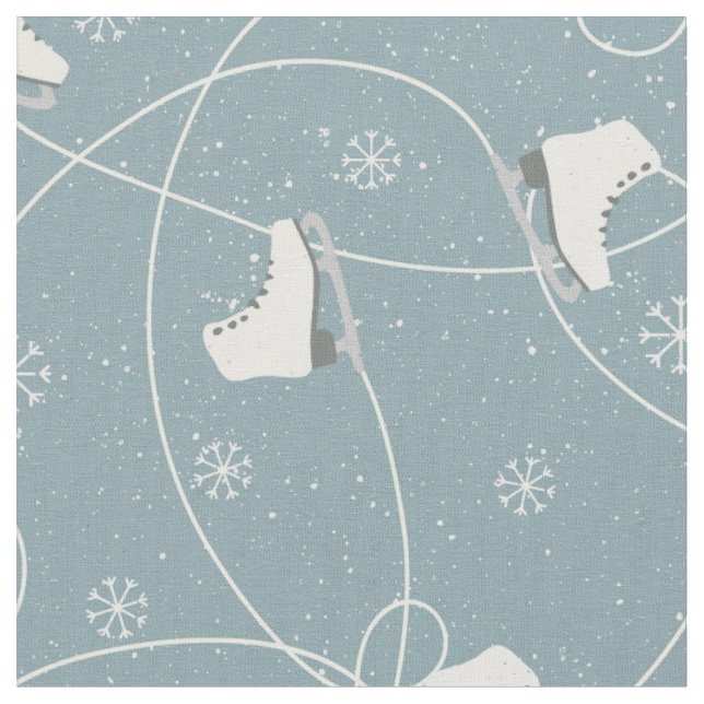 Ice Skates Snowflakes Ice Trails Blue Gray Fabric (Close Up)