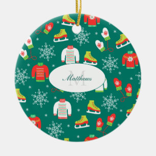 Ice Skates Snowflakes Teal Monogram Christmas Ceramic Ornament