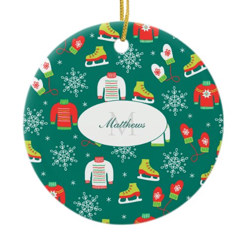 Ice Skates Snowflakes Teal Monogram Christmas Ceramic Ornament