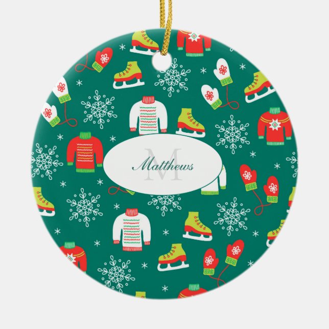 Ice Skates Snowflakes Teal Monogram Christmas Ceramic Ornament (Front)