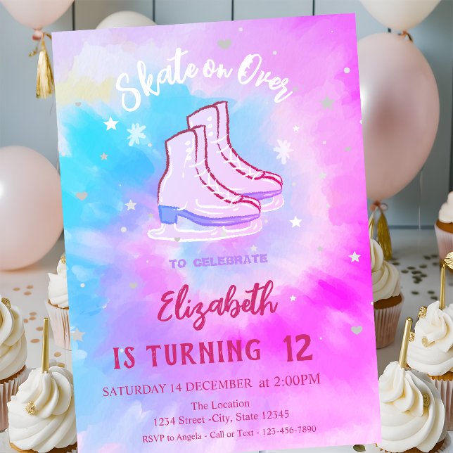 Ice skates Snowflakes Tie Dye Birthday Invitation (Creator Uploaded)
