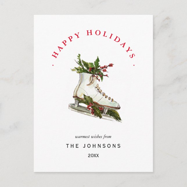 Ice Skates with greenery Non Photo Holiday Card (Front)