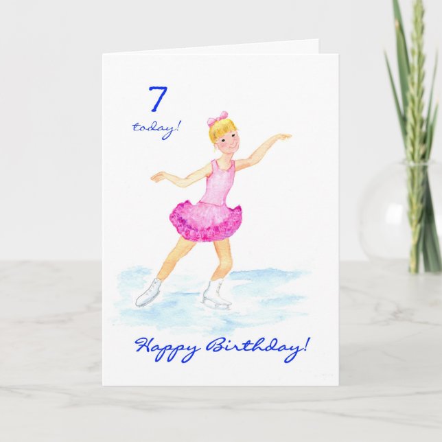 Ice-skating 7th Birthday Card for a Girl (Front)