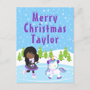 Ice Skating African American Girl Merry Christmas Holiday Postcard