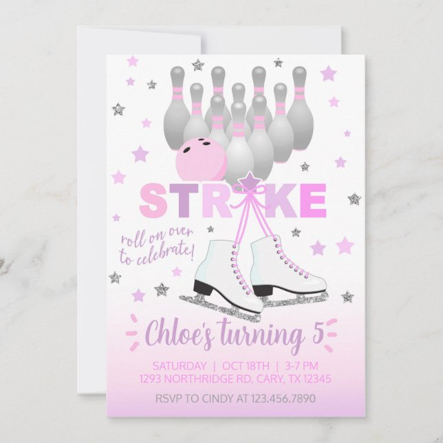 Ice skating and bowling girl birthday invitation. invitation (Front)