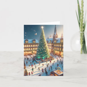 Ice Skating Around a Christmas Tree Blank Holiday Card