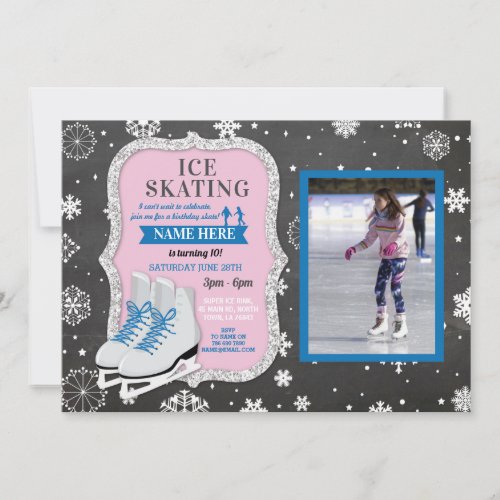 Ice Skating Birthday Blue Photo Skate Snowflakes Invitation