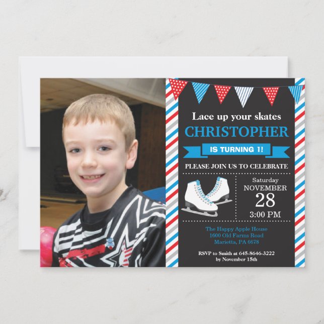 Ice Skating Birthday Invitation 1st Birthday Party (Front)