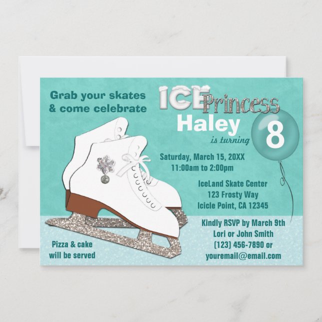 Ice Skating Birthday Invitation AQUA Ice Princess (Front)