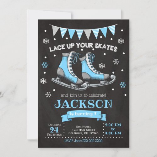 Ice Skating Birthday Invitation  Boy  Blue Grey