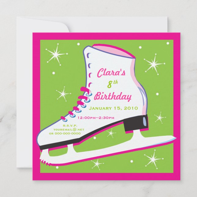 Ice Skating Birthday Invitation Pink & Green (Front)