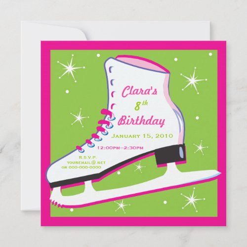 Ice Skating Birthday Invitation Pink  Green