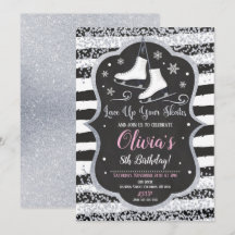 Ice Skating Birthday Invitation Silver Glitter