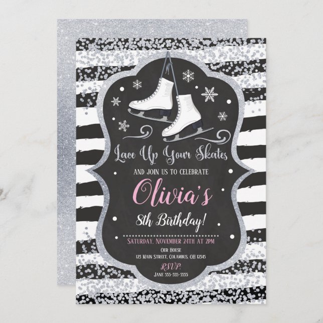 Ice Skating Birthday Invitation Silver Glitter (Front/Back)