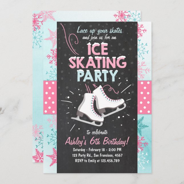 Ice Skating Birthday Invitation Skate Winter Pink (Front/Back)