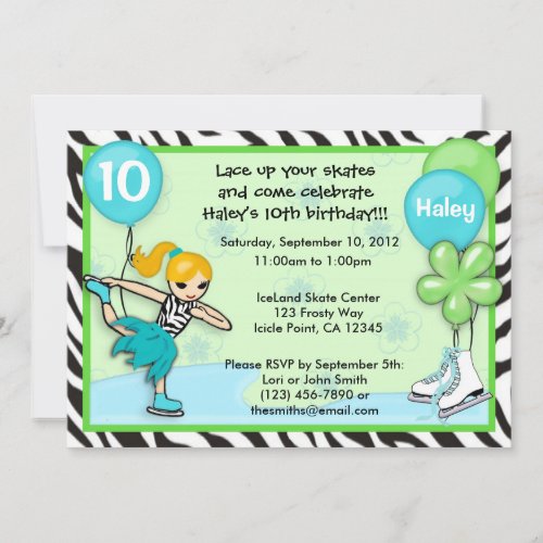 Ice Skating Birthday Invitation zebra print