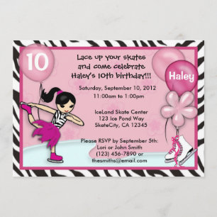 Ice Skating Birthday Invitation zebra print pink