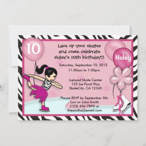 Ice Skating Birthday Invitation zebra print pink