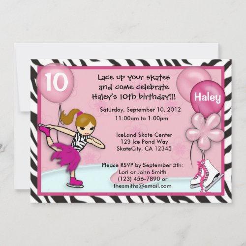 Ice Skating Birthday Invitation zebra print pink
