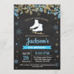 Ice Skating Birthday Party Blue Skate Invitation<br><div class="desc">Ice Skating Birthday Party Blue Skate Invitation. Boy Birthday. Blue and Gold Glitter Snowflake. Winter Christmas Holiday. Chalkboard Background. Black and White. 1st 2nd 3rd 4th 5th 6th 7th 8th 9th 10th 11th 12th 13th 14th 15th, any age. For further customization, please click the "Customize it" button and use our...</div>