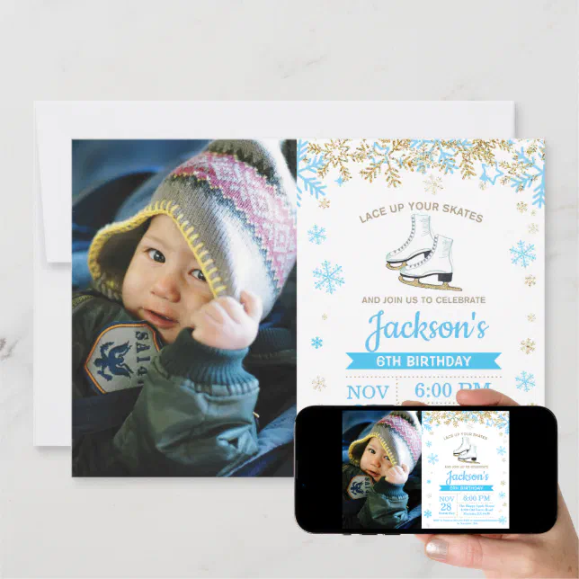 Ice Skating Birthday Party Blue Skate Photo Invitation | Zazzle