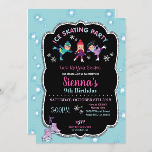Ice Skating Birthday Party Girls Snowflakes Invitation