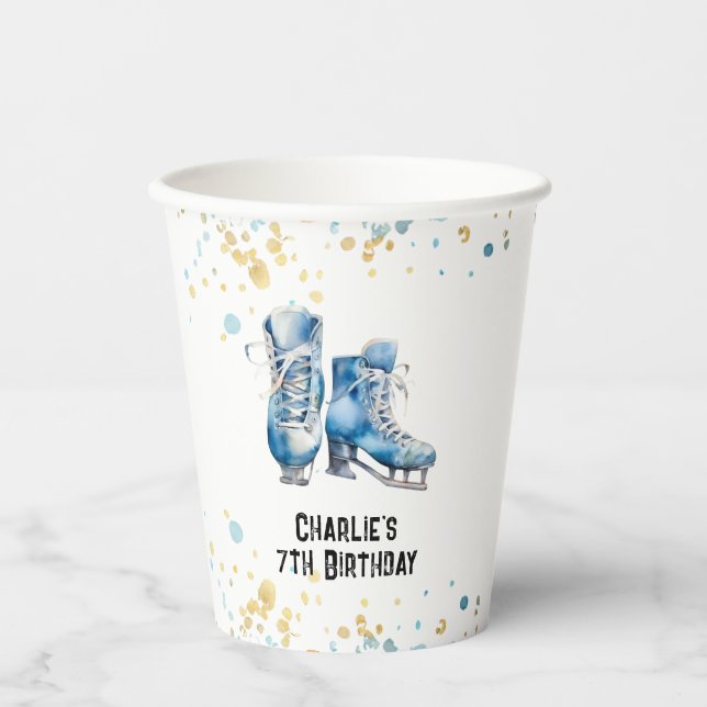 Ice Skating Birthday Party Paper Cups, Blue Gold Cups (Front)