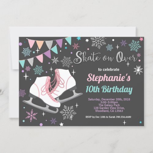 Ice skating birthday party pastel chalkboard invitation