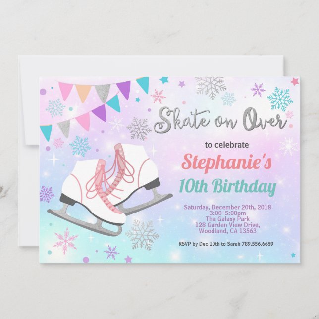 Ice skating birthday party pastel rainbow skate invitation (Front)