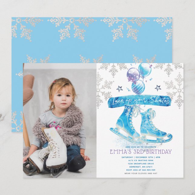 Ice Skating Birthday Party Photo Invitation (Front/Back)