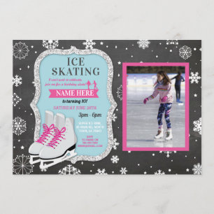 Ice Skating Birthday Party Photo Skate Snowflakes Invitation