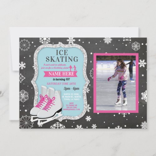 Ice Skating Birthday Party Photo Skate Snowflakes Invitation