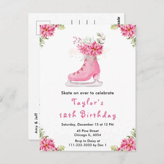 Ice Skating Birthday Party Pink Postcard (Front/Back)