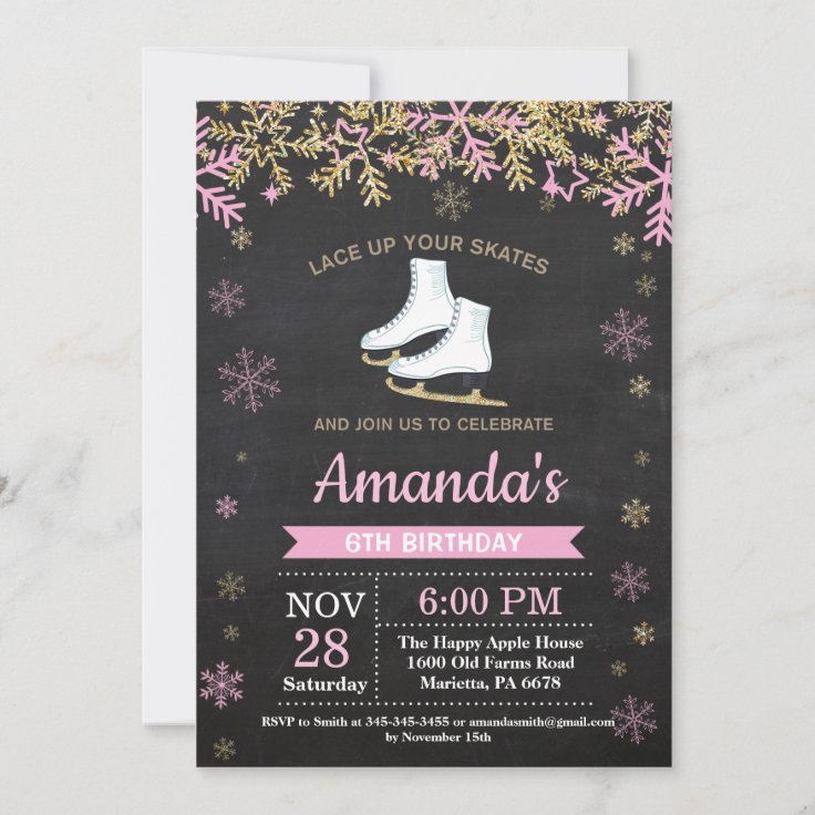 Ice Skating Birthday Party Pink Skate Invitation | Zazzle