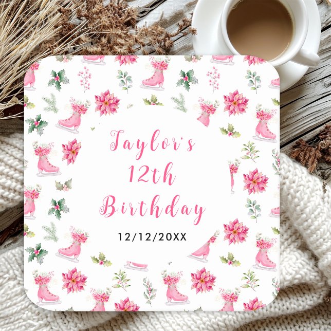 Ice Skating Birthday Party Pink Square Paper Coaster (Creator Uploaded)