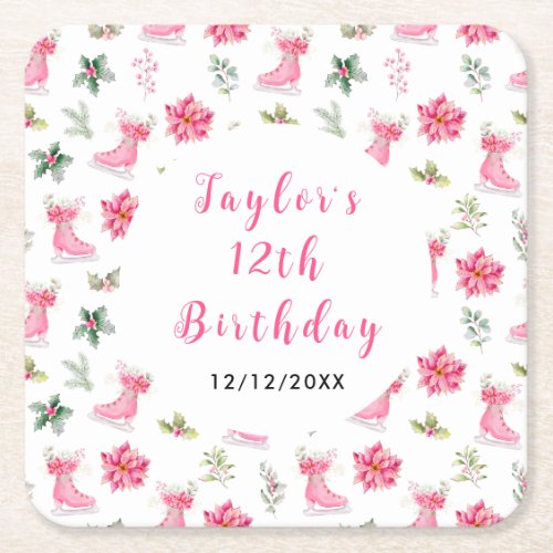 Ice Skating Birthday Party Pink Square Paper Coaster