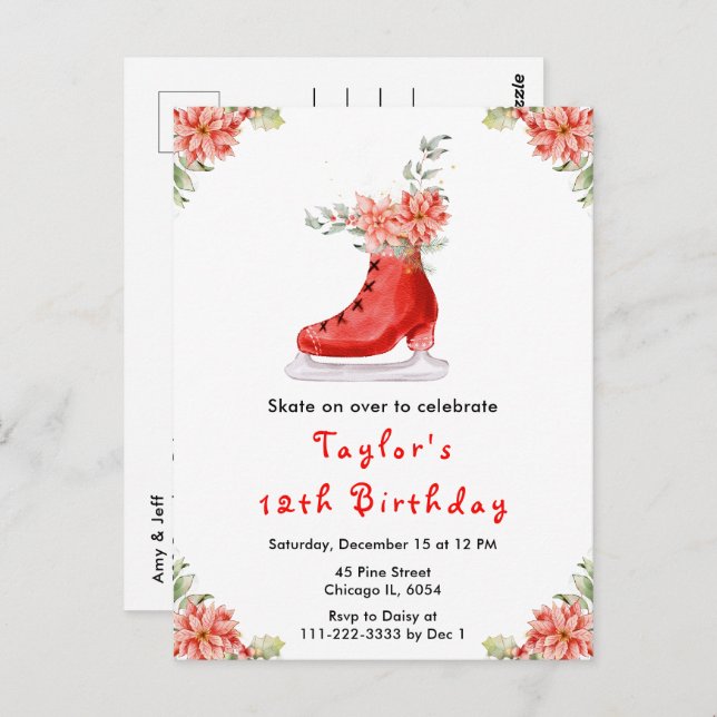 Ice Skating Birthday Party Red Postcard (Front/Back)
