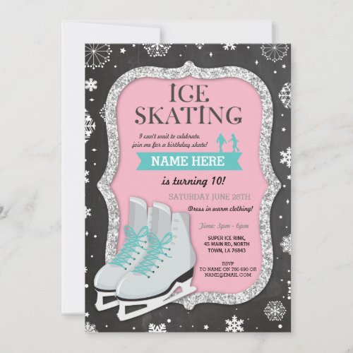 Ice Skating Birthday Party Snowflake Pink Invite