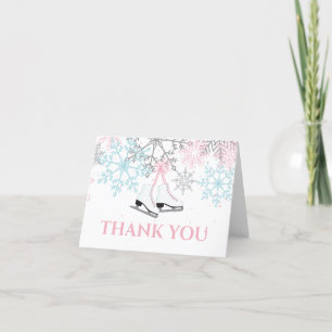 Ice Skating Birthday Pink Blue Snowflakes Thank You Card