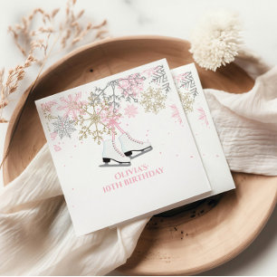 Ice Skating Birthday Pink Gold Snowflakes Napkins