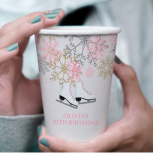 Ice Skating Birthday Pink Gold Snowflakes Paper Cups