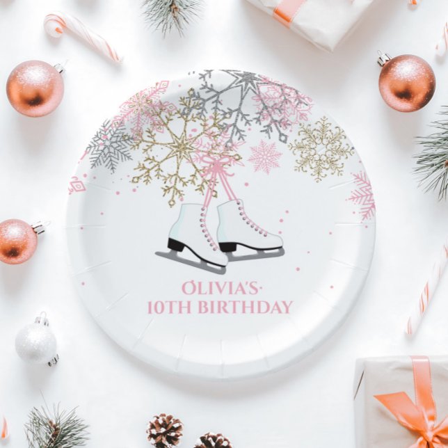 Ice Skating Birthday Pink Gold Snowflakes Paper Plates (Creator Uploaded)