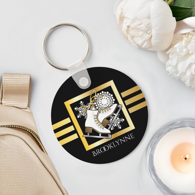 Ice Skating Black Gold Girly Modern Name Template Keychain (Creator Uploaded)