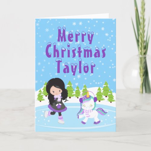 Ice Skating Black Hair Girl Merry Christmas Holida Holiday Card