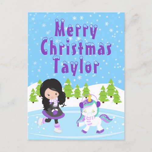 Ice Skating Black Hair Girl Merry Christmas Holida Holiday Postcard