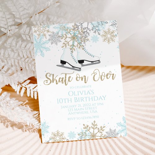 Ice Skating Blue Gold Glitter Snowflakes Birthday Invitation