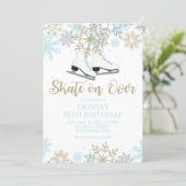 Ice Skating Blue Gold Glitter Snowflakes Birthday Invitation (Standing Front)