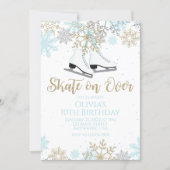 Ice Skating Blue Gold Glitter Snowflakes Birthday Invitation (Front)